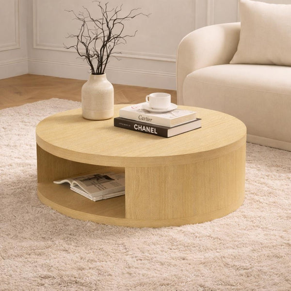 English Elm Coffee Table Round 36 Inch Low Profile Wood Laminate with Open Storage for Living Room Oak B365P504259