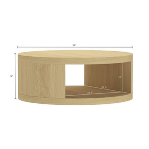English Elm Coffee Table Round 36 Inch Low Profile Wood Laminate with Open Storage for Living Room Oak B365P504259