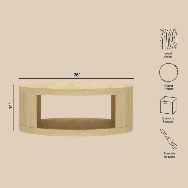 English Elm Coffee Table Round 36 Inch Low Profile Wood Laminate with Open Storage for Living Room Oak B365P504259