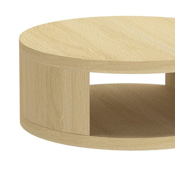 English Elm Coffee Table Round 36 Inch Low Profile Wood Laminate with Open Storage for Living Room Oak B365P504259