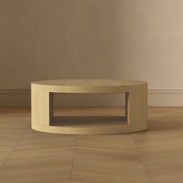 English Elm Coffee Table Round 36 Inch Low Profile Wood Laminate with Open Storage for Living Room Oak B365P504259