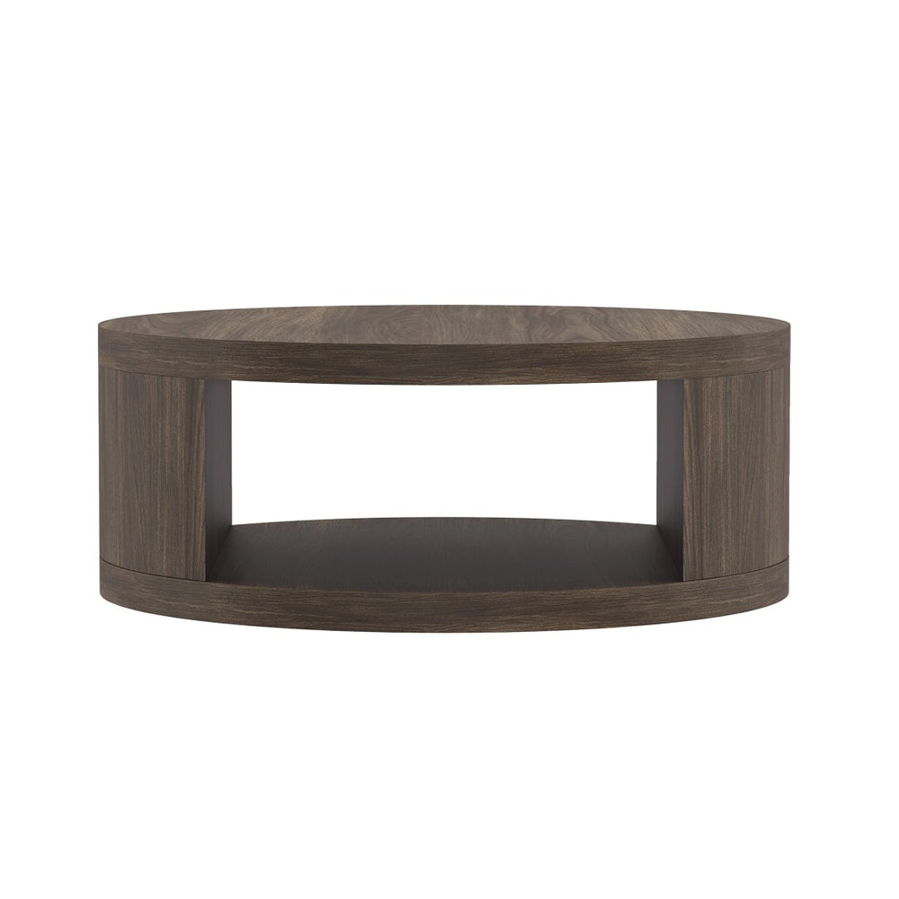 English Elm Coffee Table Round 36 Inch Low Profile Wood Laminate with Open Storage for Living Room Walnut B365P504260