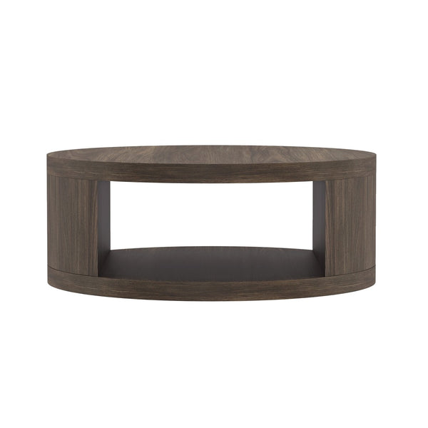 English Elm Coffee Table Round 36 Inch Low Profile Wood Laminate with Open Storage for Living Room Walnut B365P504260