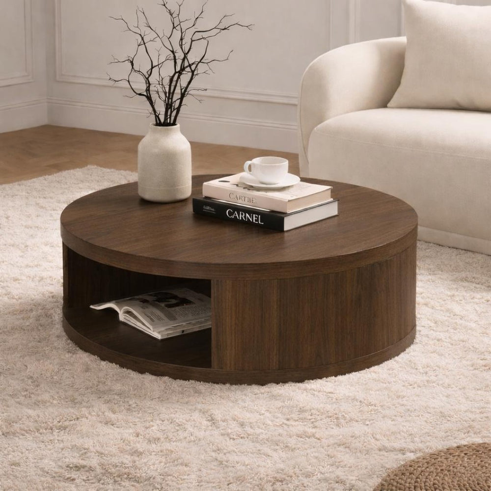 English Elm Coffee Table Round 36 Inch Low Profile Wood Laminate with Open Storage for Living Room Walnut B365P504260