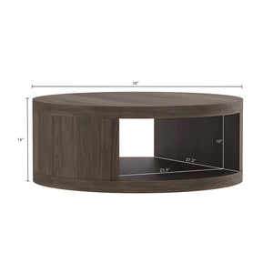 English Elm Coffee Table Round 36 Inch Low Profile Wood Laminate with Open Storage for Living Room Walnut B365P504260
