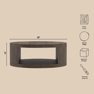 English Elm Coffee Table Round 36 Inch Low Profile Wood Laminate with Open Storage for Living Room Walnut B365P504260