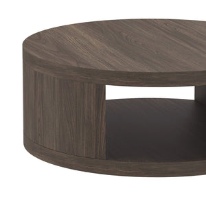 English Elm Coffee Table Round 36 Inch Low Profile Wood Laminate with Open Storage for Living Room Walnut B365P504260