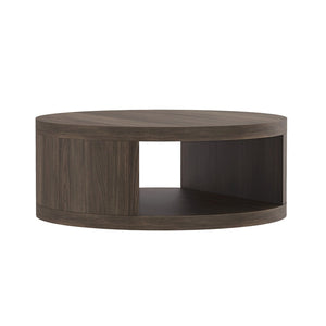 English Elm Coffee Table Round 36 Inch Low Profile Wood Laminate with Open Storage for Living Room Walnut B365P504260