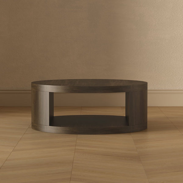 English Elm Coffee Table Round 36 Inch Low Profile Wood Laminate with Open Storage for Living Room Walnut B365P504260