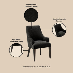 English Elm Armchair Chenille Upholstered Dining Seat with Walnut Rubberwood Legs and Lumbar Support Black B365P504263