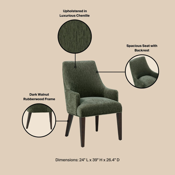 English Elm Armchair Chenille Upholstered Dining Seat with Walnut Rubberwood Legs and Lumbar Support Green B365P504264