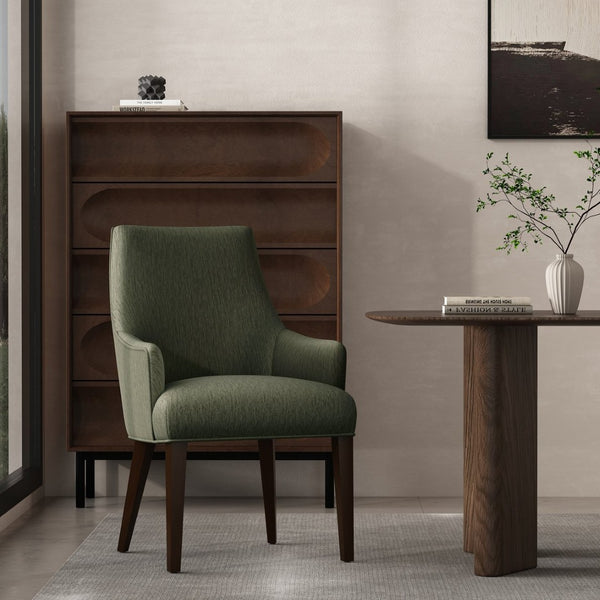 English Elm Armchair Chenille Upholstered Dining Seat with Walnut Rubberwood Legs and Lumbar Support Green B365P504264