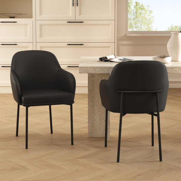 English Elm Armchair Set of 2 Vegan Leather Mid-century Accent Chairs with Tapered Metal Legs Black B365P504281