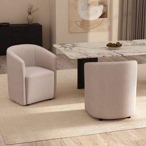 English Elm Armchair Barrel Silhouette Woven Fabric Seat Sculptural Form for Dining or Living Spaces Beige B365P504288
