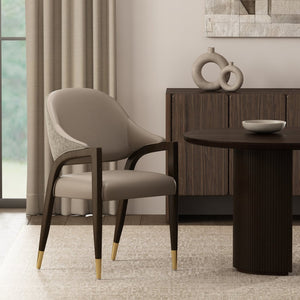 English Elm Side Chair Barrel Silhouette Woven Fabric Upholstered Sculptural Accent for Dining or Reading Taupe B365P504295
