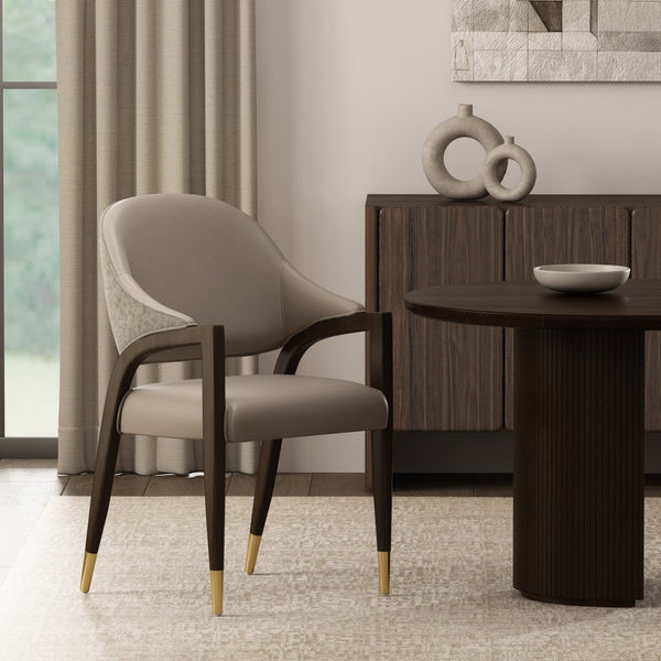 English Elm Side Chair Barrel Silhouette Woven Fabric Upholstered Sculptural Accent for Dining or Reading Taupe B365P504295