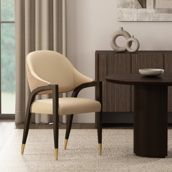 English Elm Side Chair Barrel Silhouette Woven Fabric Upholstered Sculptural Accent for Dining or Reading Tan B365P504296