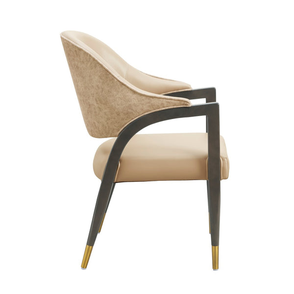 English Elm Side Chair Barrel Silhouette Woven Fabric Upholstered Sculptural Accent for Dining or Reading Tan B365P504296