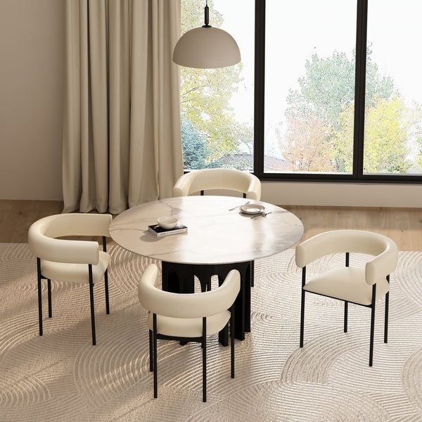 English Elm Dining Chair with Wraparound Padded Back Vegan Leather Upholstery Metal Frame Ivory B365P504298