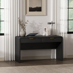 English Elm Office Desk with Two Storage Drawers Matte Finish Rounded Corners for Modern Home Study Black and Gold B365P504312