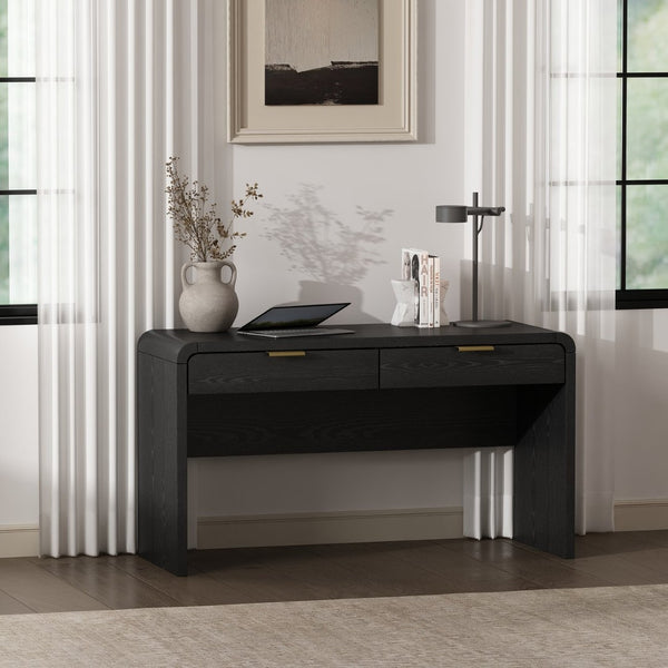 English Elm Office Desk with Two Storage Drawers Matte Finish Rounded Corners for Modern Home Study Black and Gold B365P504312