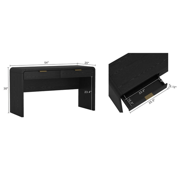 English Elm Office Desk with Two Storage Drawers Matte Finish Rounded Corners for Modern Home Study Black and Gold B365P504312