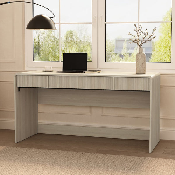 English Elm Writing Desk with Fluted Drawer Fronts Wide 60 Inch Whitewashed Wood Home Office Oak B365P504313