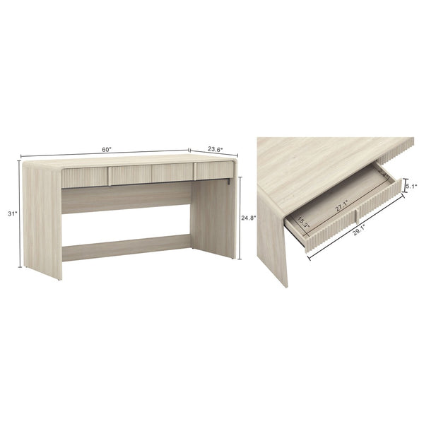 English Elm Writing Desk with Fluted Drawer Fronts Wide 60 Inch Whitewashed Wood Home Office Oak B365P504313