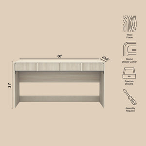 English Elm Writing Desk with Fluted Drawer Fronts Wide 60 Inch Whitewashed Wood Home Office Oak B365P504313