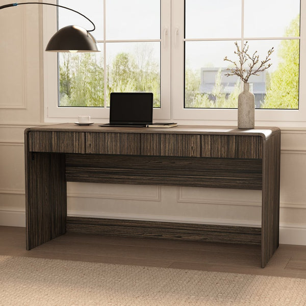 English Elm Writing Desk with Fluted Drawer Fronts Wide 60 Inch Whitewashed Wood Home Office Dark Walnut B365P504314
