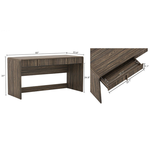 English Elm Writing Desk with Fluted Drawer Fronts Wide 60 Inch Whitewashed Wood Home Office Dark Walnut B365P504314