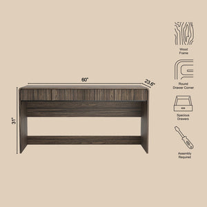English Elm Writing Desk with Fluted Drawer Fronts Wide 60 Inch Whitewashed Wood Home Office Dark Walnut B365P504314