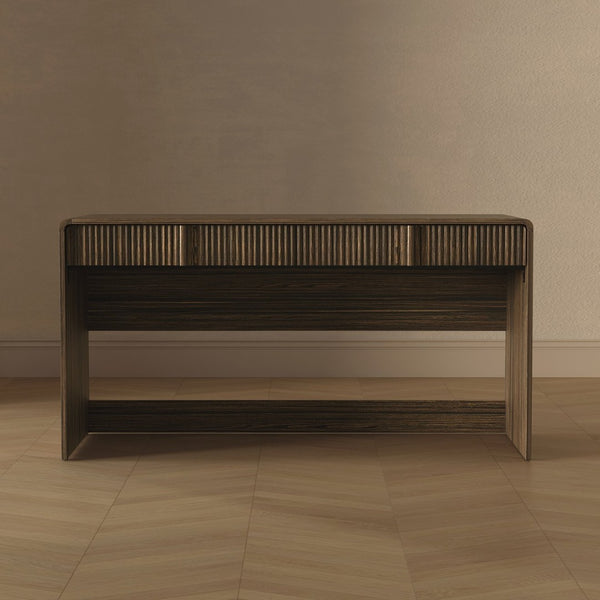 English Elm Writing Desk with Fluted Drawer Fronts Wide 60 Inch Whitewashed Wood Home Office Dark Walnut B365P504314