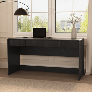 English Elm Writing Desk with Fluted Drawer Fronts Wide 60 Inch Whitewashed Wood Home Office Black B365P504315