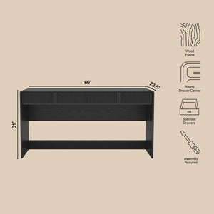 English Elm Writing Desk with Fluted Drawer Fronts Wide 60 Inch Whitewashed Wood Home Office Black B365P504315