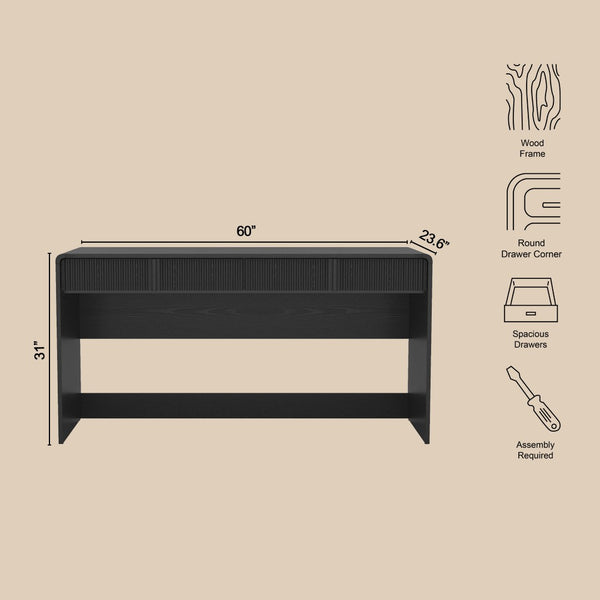 English Elm Writing Desk with Fluted Drawer Fronts Wide 60 Inch Whitewashed Wood Home Office Black B365P504315