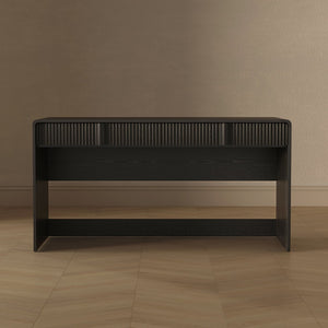 English Elm Writing Desk with Fluted Drawer Fronts Wide 60 Inch Whitewashed Wood Home Office Black B365P504315