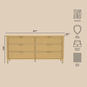 English Elm Dresser with Fluted Rubberwood Drawers Wide Low Profile Bedroom Storage Piece Natural B365P504316