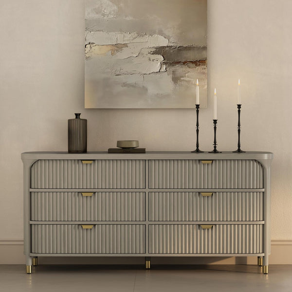 English Elm Dresser with Fluted Rubberwood Drawers Wide Low Profile Bedroom Storage Piece Grey B365P504317