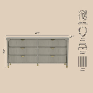 English Elm Dresser with Fluted Rubberwood Drawers Wide Low Profile Bedroom Storage Piece Grey B365P504317