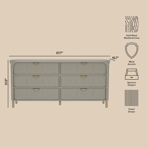 English Elm Dresser with Fluted Rubberwood Drawers Wide Low Profile Bedroom Storage Piece Grey B365P504317