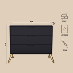 English Elm Dresser with 3 Spacious Drawers Metal Legs Minimalist Laminate Bedroom Storage Black B365P504318