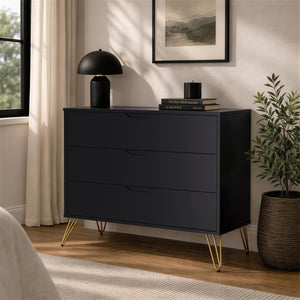 English Elm Dresser with 3 Spacious Drawers Metal Legs Minimalist Laminate Bedroom Storage Black B365P504318