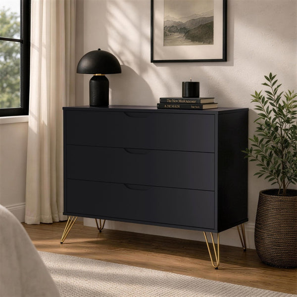 English Elm Dresser with 3 Spacious Drawers Metal Legs Minimalist Laminate Bedroom Storage Black B365P504318