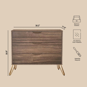 English Elm Dresser with 3 Spacious Drawers Metal Legs Minimalist Laminate Bedroom Storage Brown B365P504319