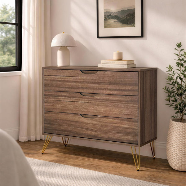 English Elm Dresser with 3 Spacious Drawers Metal Legs Minimalist Laminate Bedroom Storage Brown B365P504319