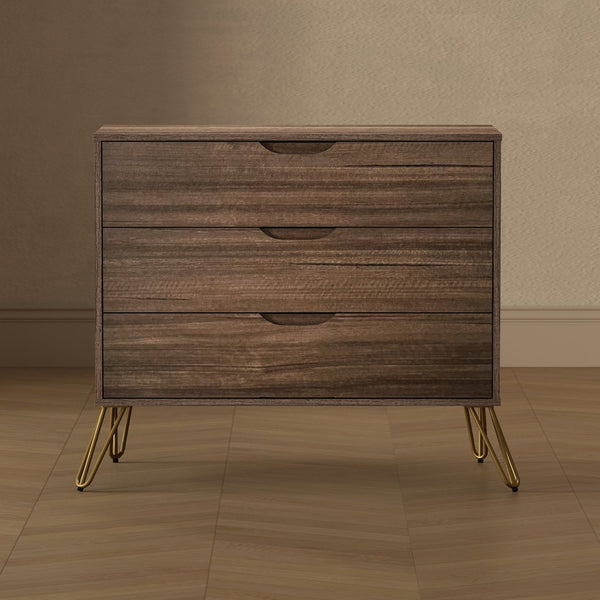 English Elm Dresser with 3 Spacious Drawers Metal Legs Minimalist Laminate Bedroom Storage Brown B365P504319