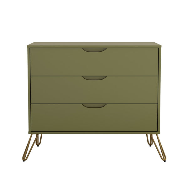 English Elm Dresser with 3 Spacious Drawers Metal Legs Minimalist Laminate Bedroom Storage Olive Green B365P504320