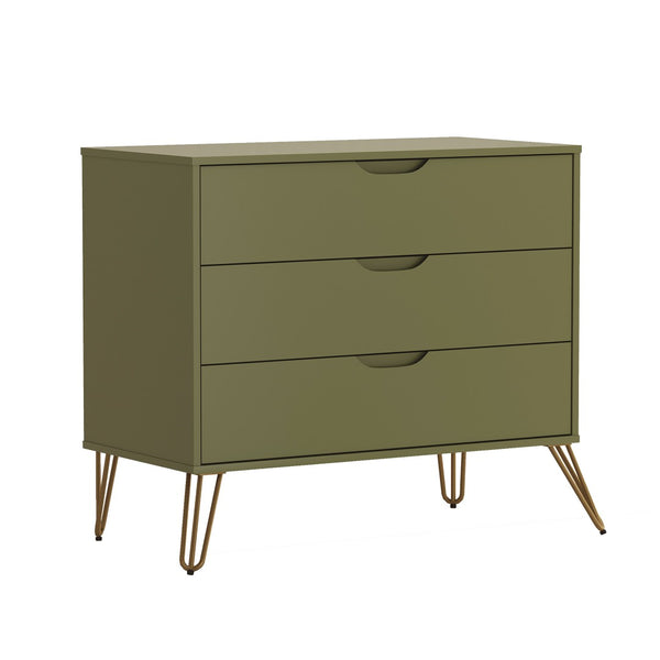 English Elm Dresser with 3 Spacious Drawers Metal Legs Minimalist Laminate Bedroom Storage Olive Green B365P504320