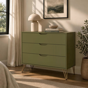English Elm Dresser with 3 Spacious Drawers Metal Legs Minimalist Laminate Bedroom Storage Olive Green B365P504320
